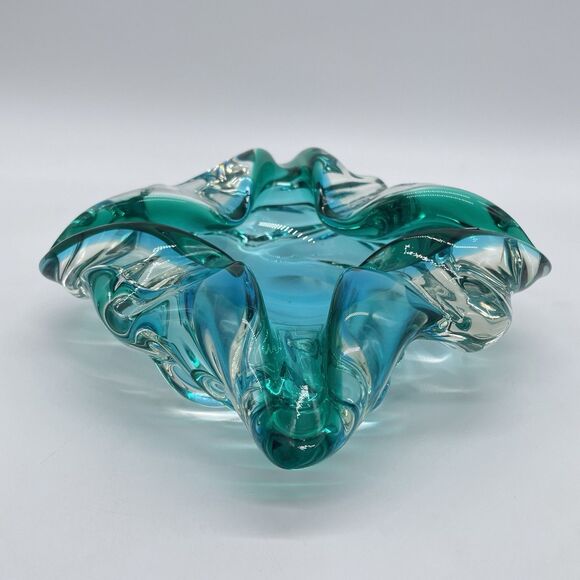 Murano Style Art Glass Ashtray Bowl Green Blue Sommerso Mid Century Heavy Piece - Picture 2 of 8